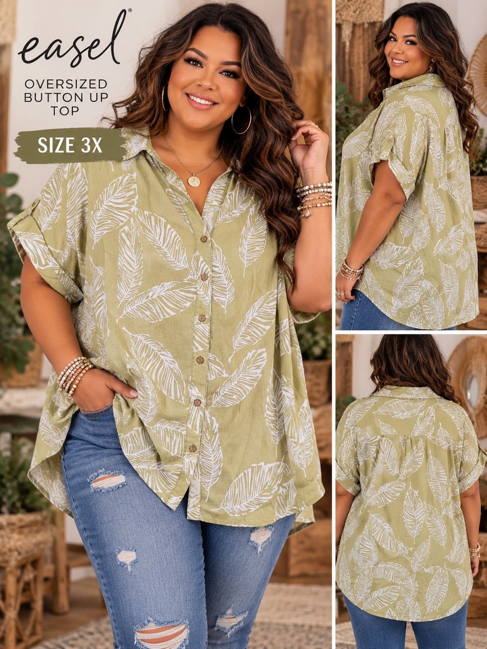 easel Olive Green Button-Down Top with White Leaf Print